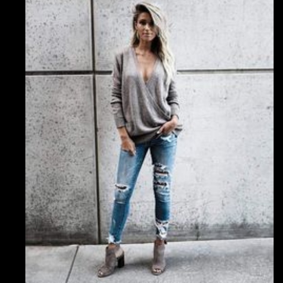 Express Sweaters - Express | Marled Gray & White Surplice Sweater